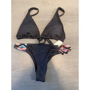 L*Space Black Itsy Cut Bikini Set XS Embroidered Geometric Straps Triangle Top
